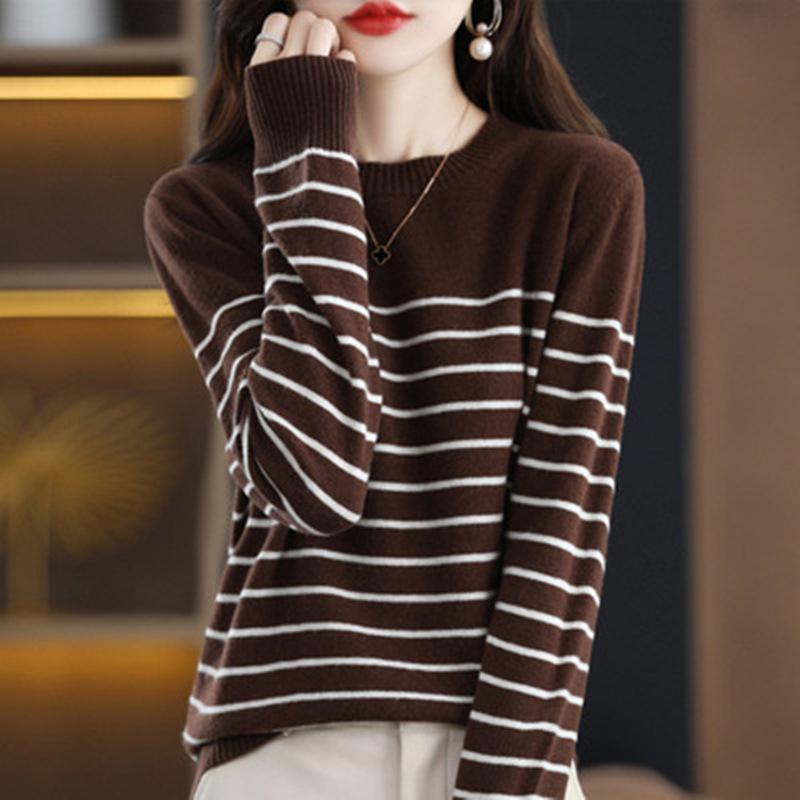 

QICED Полосатый осенне-зимний пуловер свитер повседневный пуловер с длинным рукавом с круглым вырезом базовый свитер блузка Uniform size темно-коричневого