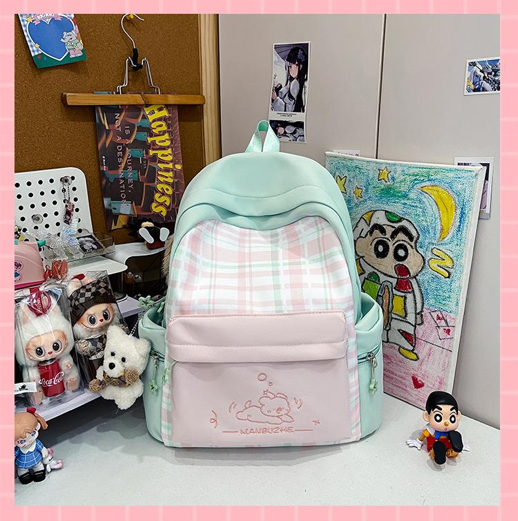 Schoolbag New Japanese plaid schoolbag for women, junior high school students Large capacity, light and wear-resistant cute cartoon backpack