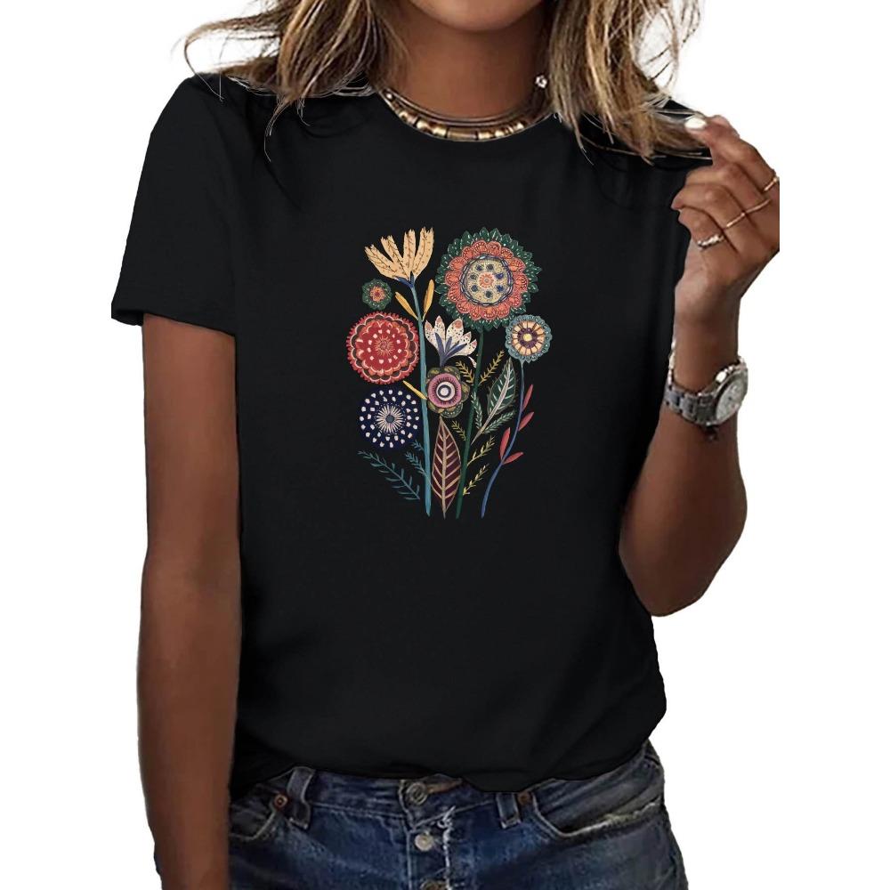 

Colorful Geometric Flower Pattern Printed Casual Round Neck Short Sleeved Top for Summer Casual Women s Comfortable Clothing XL