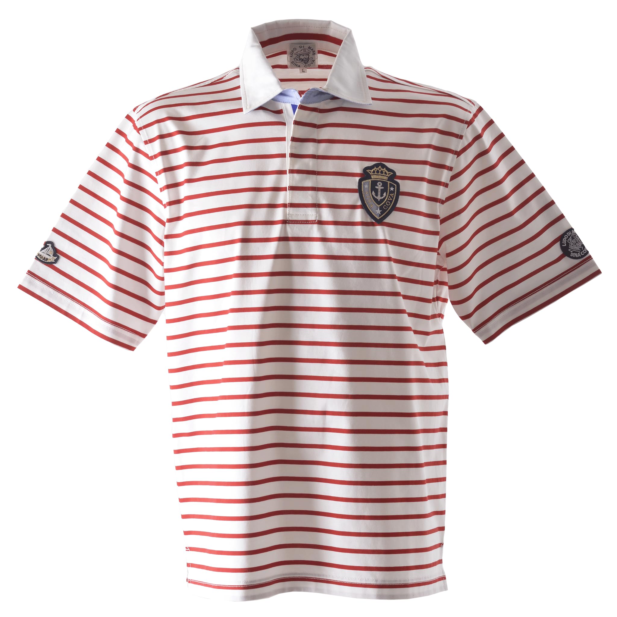 

Sinacova Men s Rugby Shirt, Short Sleeve, 100% Cotton Jersey, Border Stripe Polo Shirt with Anchor Patch, 24110510 (Off-White x Red), Size L