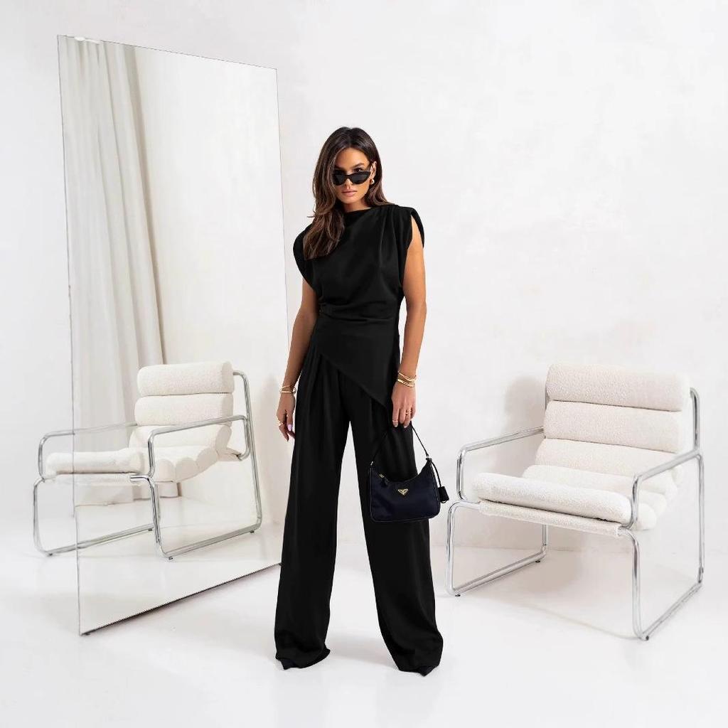 Women's European & American Fashion Solid Color Irregular Short Sleeve Summer Set