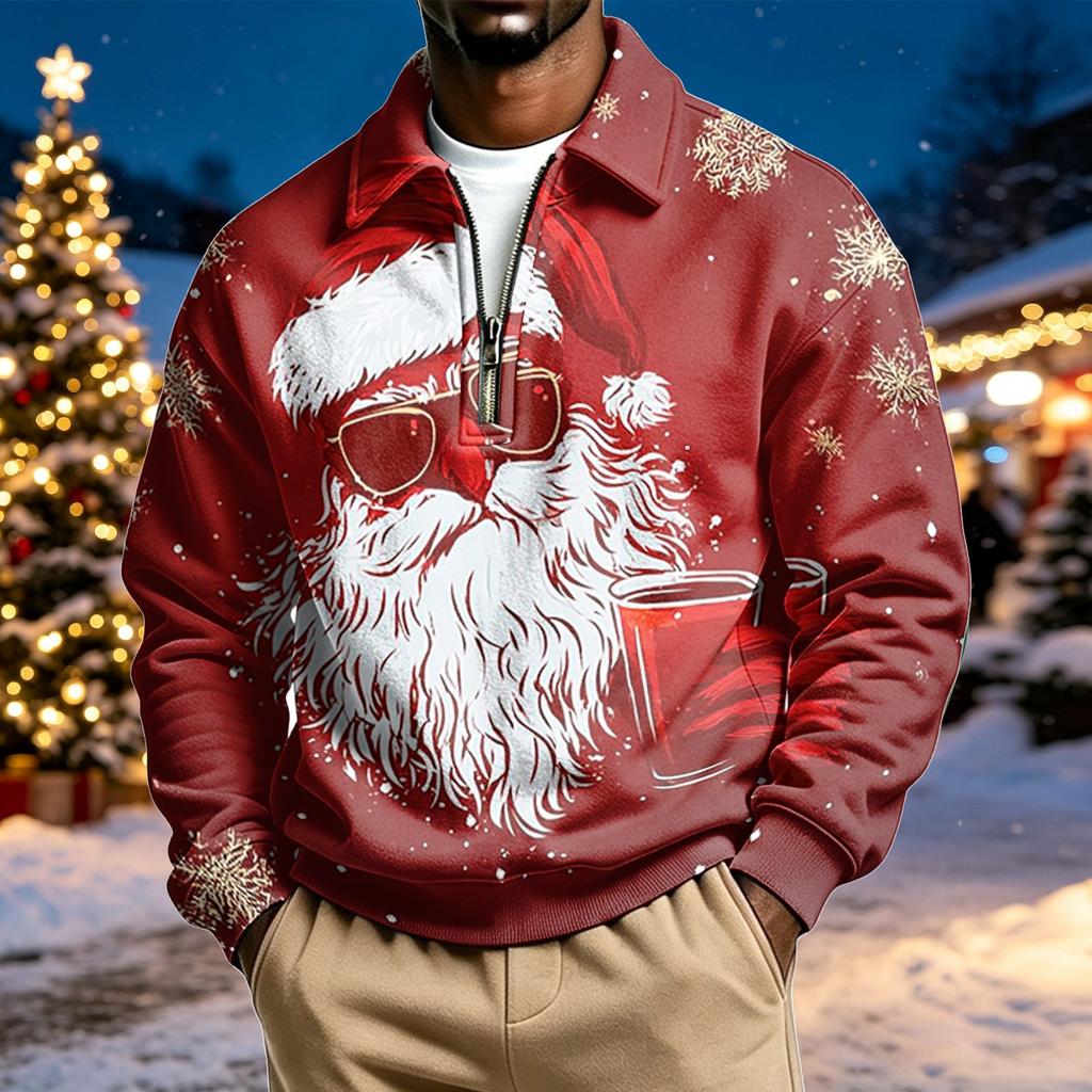 Herren lässiger Sweatshirt mit Kragen und Weihnachtsdruck