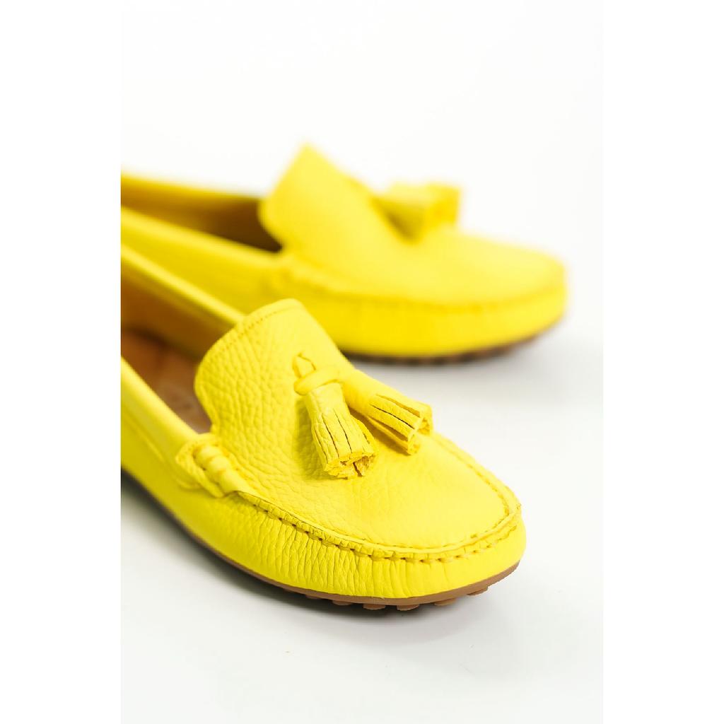 201-bj Genuine Leather Tasseled Oval Toe Women's Beige Ballerinas