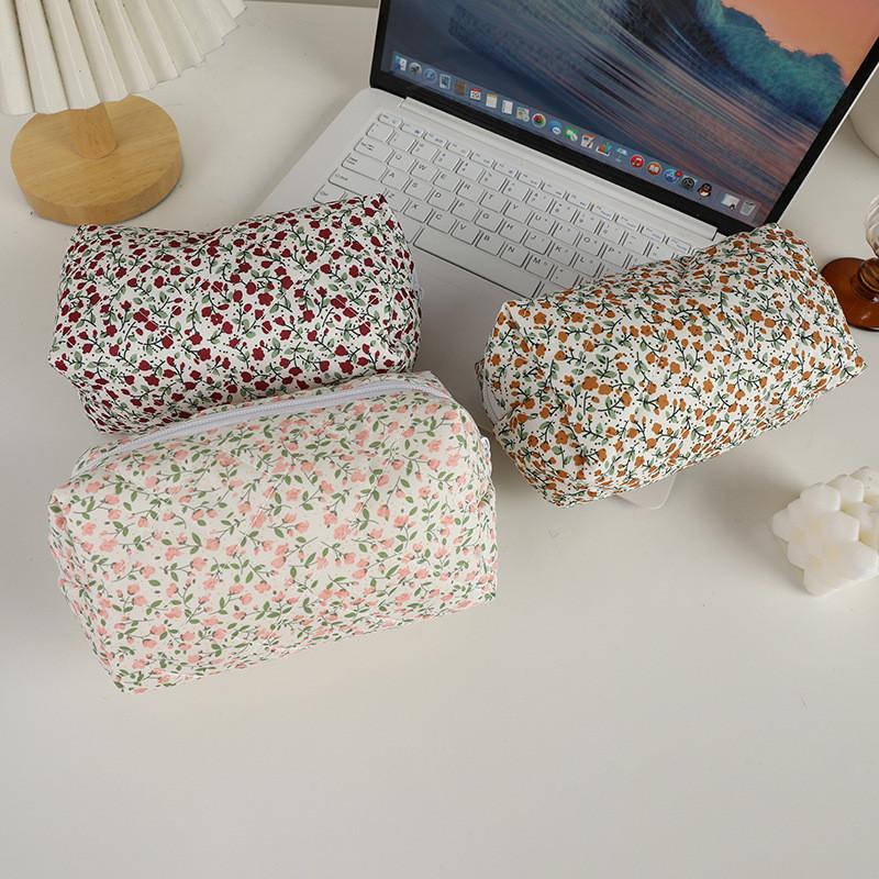 Floral Cotton Fabric Makeup Bag With Zipper Storage For Women And Teens