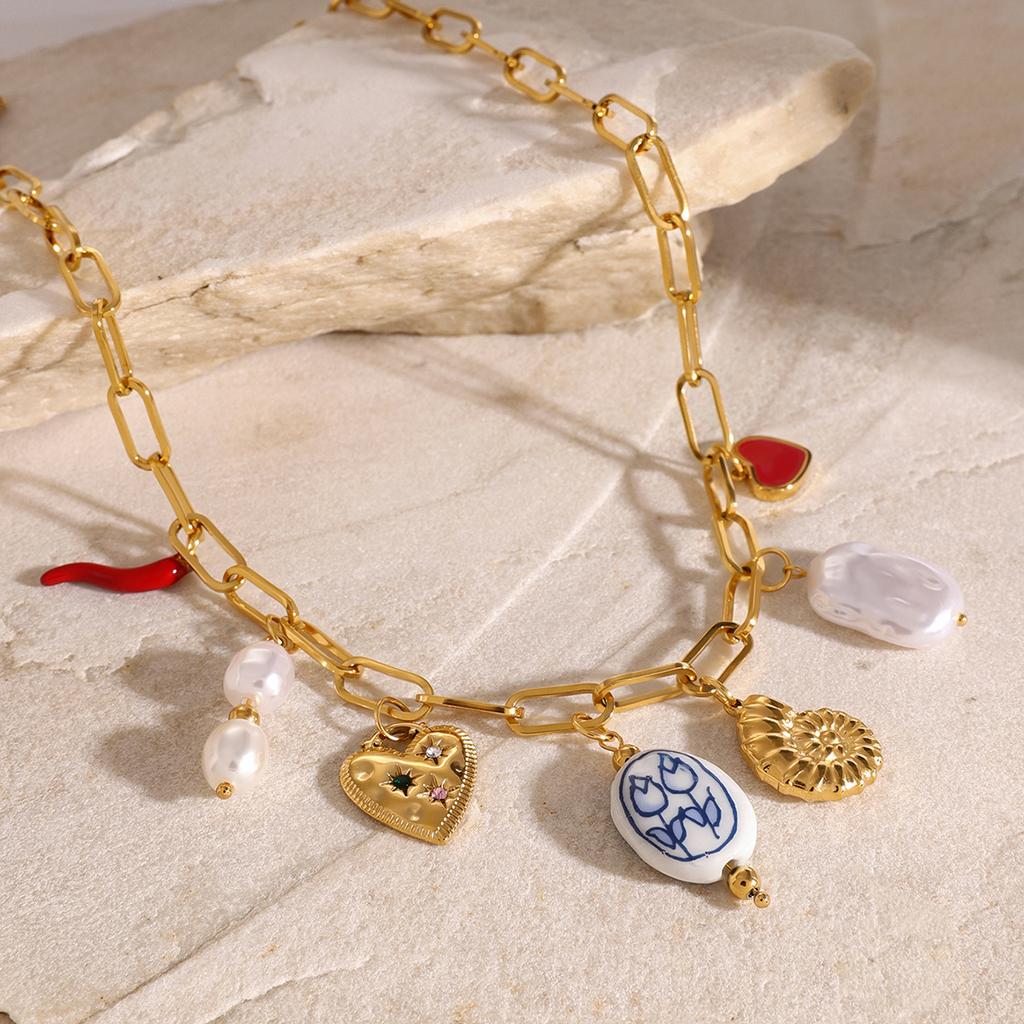 Youthway Trendy Stainless Steel Pearl Conch Heart Porcelain Bead Chili Pendent Necklace Waterproof Gold-Plated Beach Jewelry