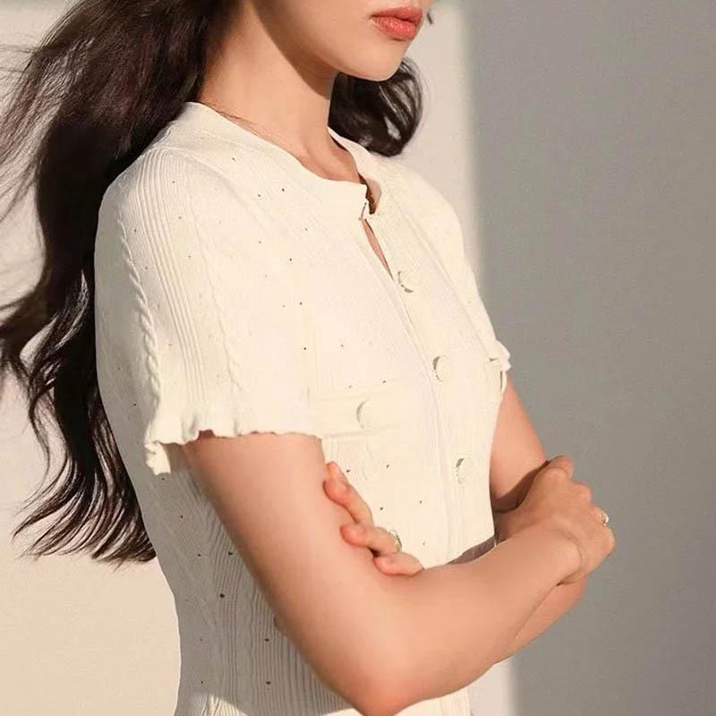 Modern Cross-Border Knitted Split Dress: Short-Sleeve, Hollow-Out, Single-Breasted, Waist-Cinching, Slimming Design