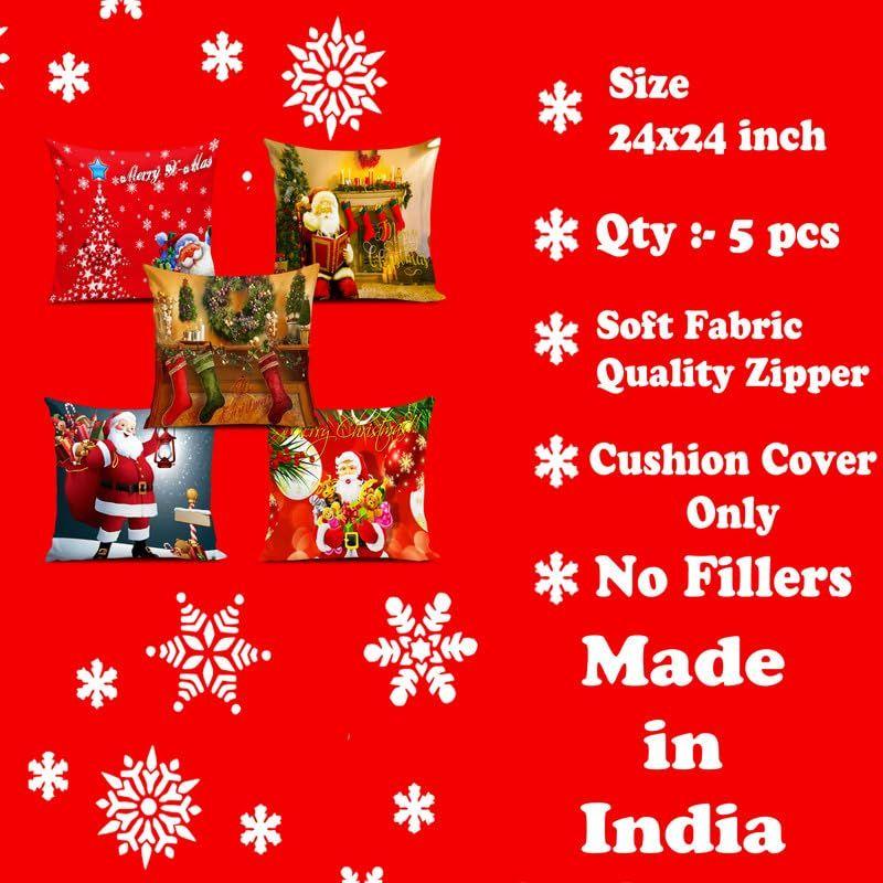 Soft Fabric Designer Decorative Printed Merry Christmas Theme Cushion Cover Xmas Decorations for Sofa Living Room Set of 5 24 X 24 Inch Multi