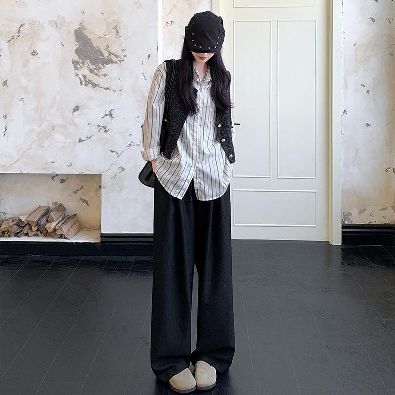 

Серые тисненые широкие брюки для женщин с завязками на резинке, свободные прямые брюки для повседневного ношения XL чёрный