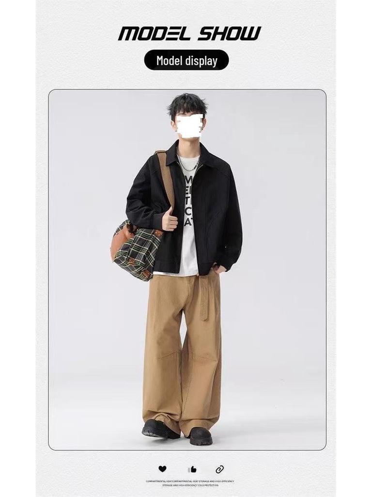 Men's American Retro Versatile Loose Jacket - Autumn Solid Color Fashion with Simple Lapel and Zipper