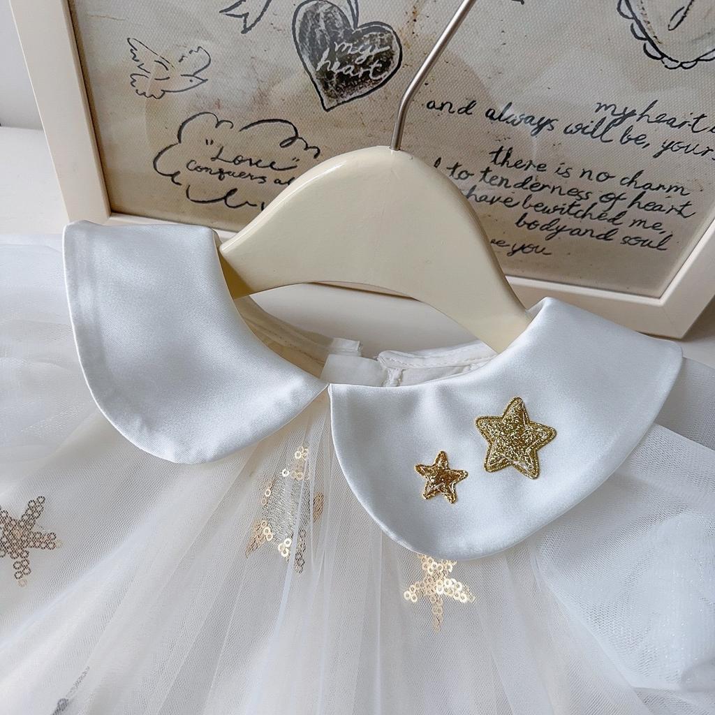 Summer Girls Princess Dress With Puff Sleeves Star Sequins Tulle Skirt Cute Party Gown For Kids