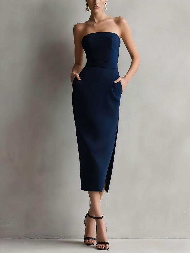 Luxuriöses trägerloses Midi-Kleid für Damen mit Taillenbetonung, Schlitz und Taschen - Perfekt für formelle Partys und Bankette.