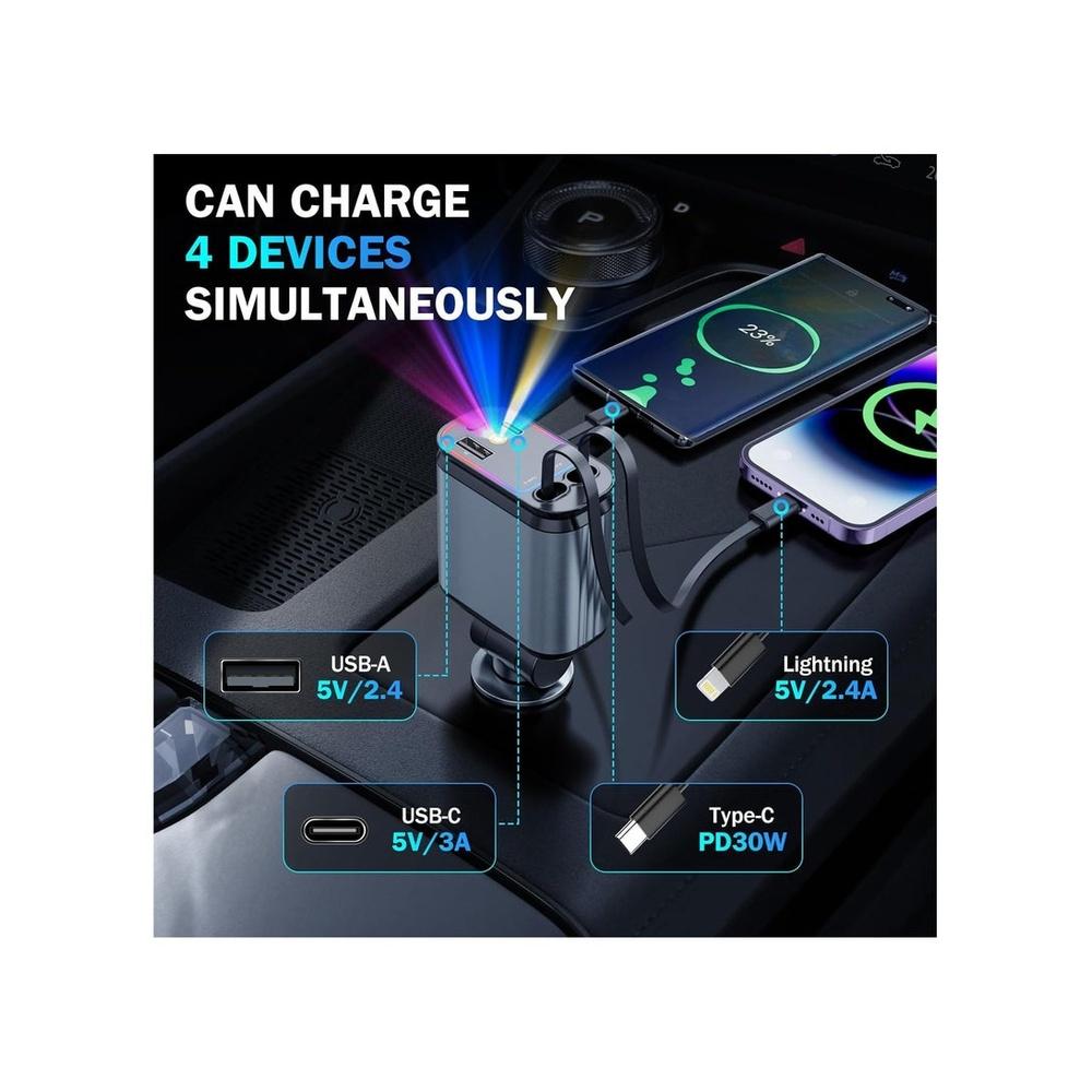 Car Charger with Starlight 66W USB C Fast Car Chargers Adapter 4 in 1 Retractable Car Charger with 2 USB Ports Car Phone Chargers for iPhone 16/15/14