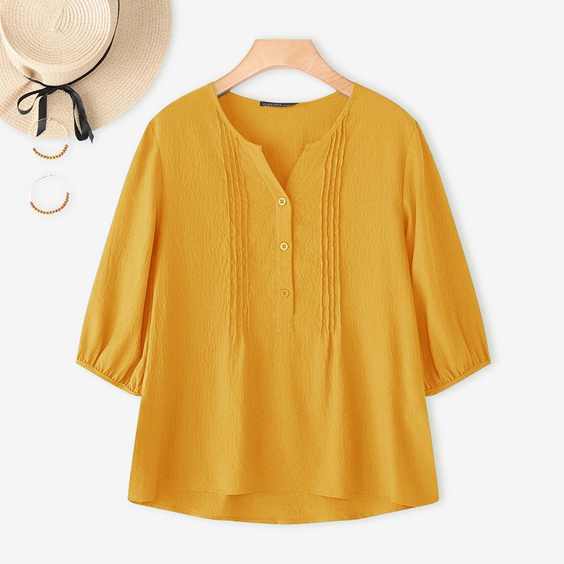 

ZANZEA Женская повседневная однотонная блузка с v-образным вырезом и рукавами 3/4 5XL