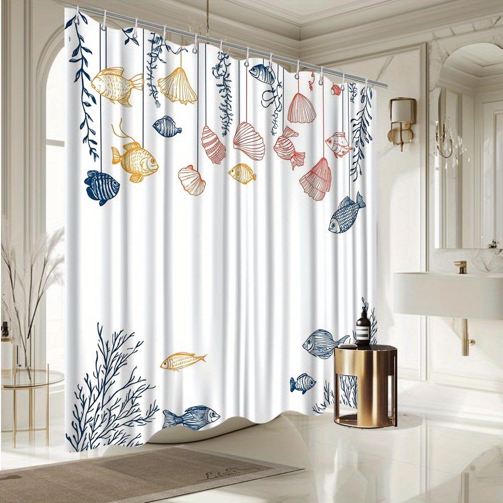 Ocean Themed Shower Curtain, Seashells & Fish Illustration, Fade-Resistant Polyester, Vibrant Underwater Scene