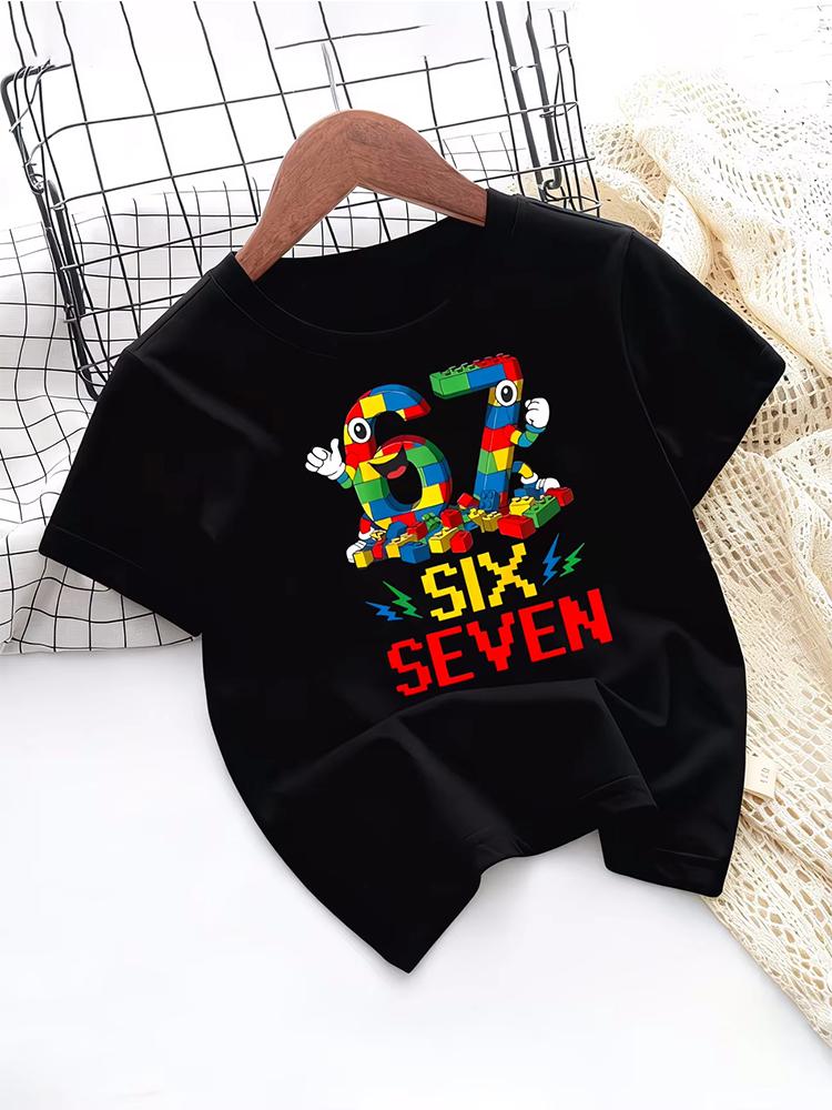 Kids Black SIX SEVEN 67 Building Block Graphic TShirt Soft Cotton Game Wear for Boys Girlsdf0157