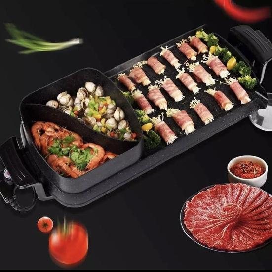 Korean Style 2 in 1 Electric Multi Cooker Barbecue Pan Hot Pot Cooker Electric Smokeless Barbecue BBQ Grill Non-Stick Coating Hotpot Roasting Baking