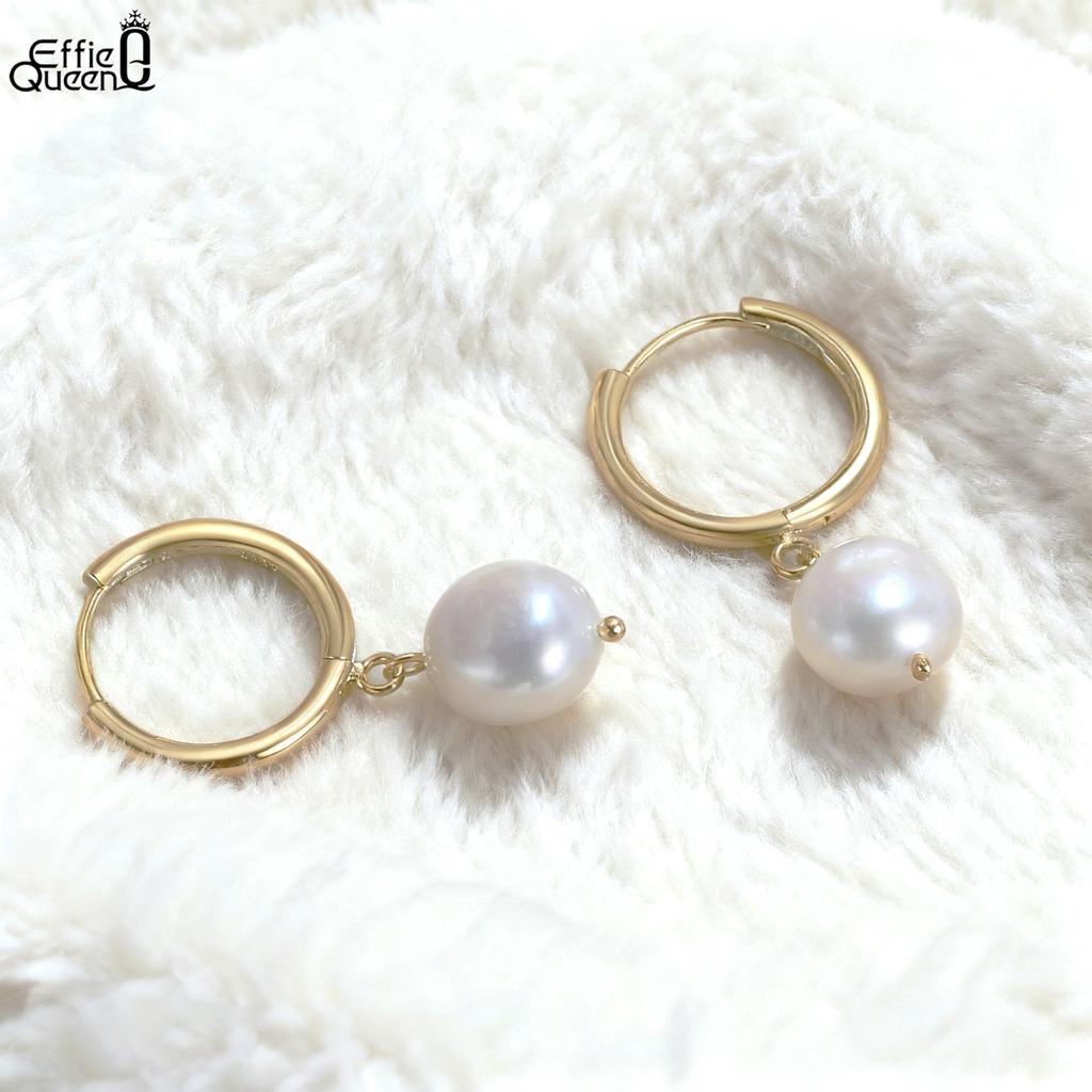 Effie Queen 925 Pure Silver 14k Gold Oval Shaped Freshwater Pearl Drop Earrings Ideal Jewelry for Women Banquet Party Gift GPE50