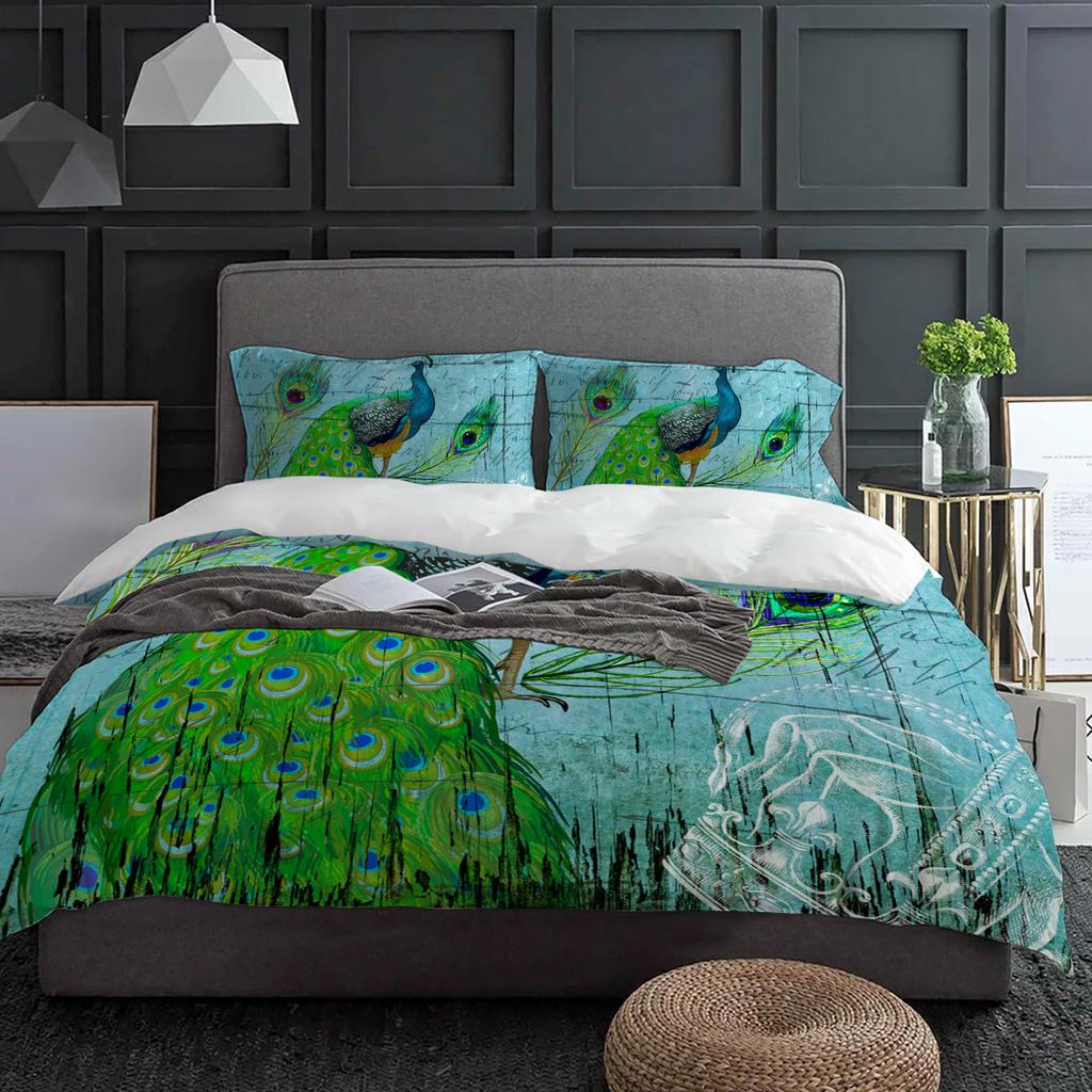 Peacock Wood Grain Feather Retro Duvet Cover With Pillow Case Custom 3pcs Bedding Set Quilt Cover Double Bed Home Textile