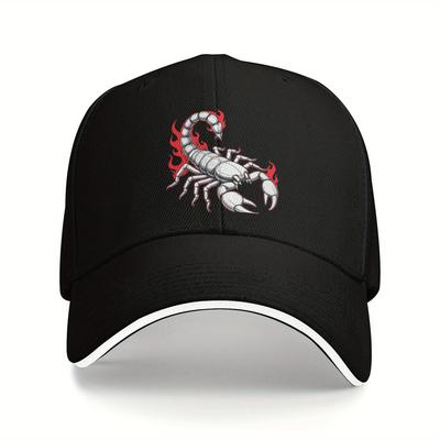 Mens Polyester Baseball Cap Y2K Retro Kpop Rock Style Scorpion Graphic with Red White Accents Snapback Closure