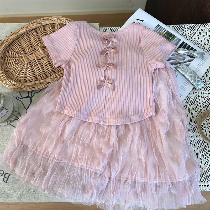 2024 Korean Girls' Summer Bow T-Shirt & Crinkled Skirt Set