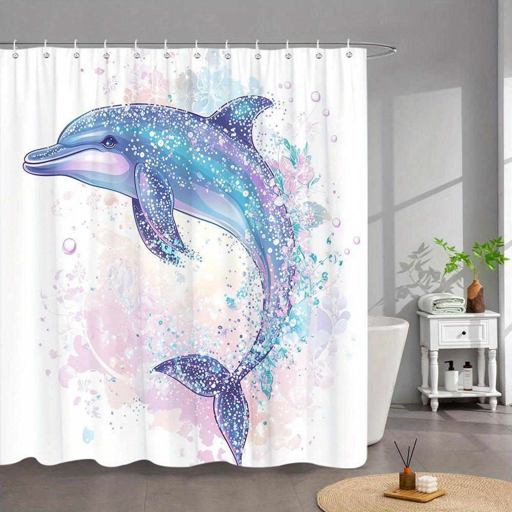 1pc Magical Dolphin Shower Curtain with Sparkling Stars & Pastel Pink Blue Purple Ocean Fantasy Design - Machine Washable Polyes 90x180cm