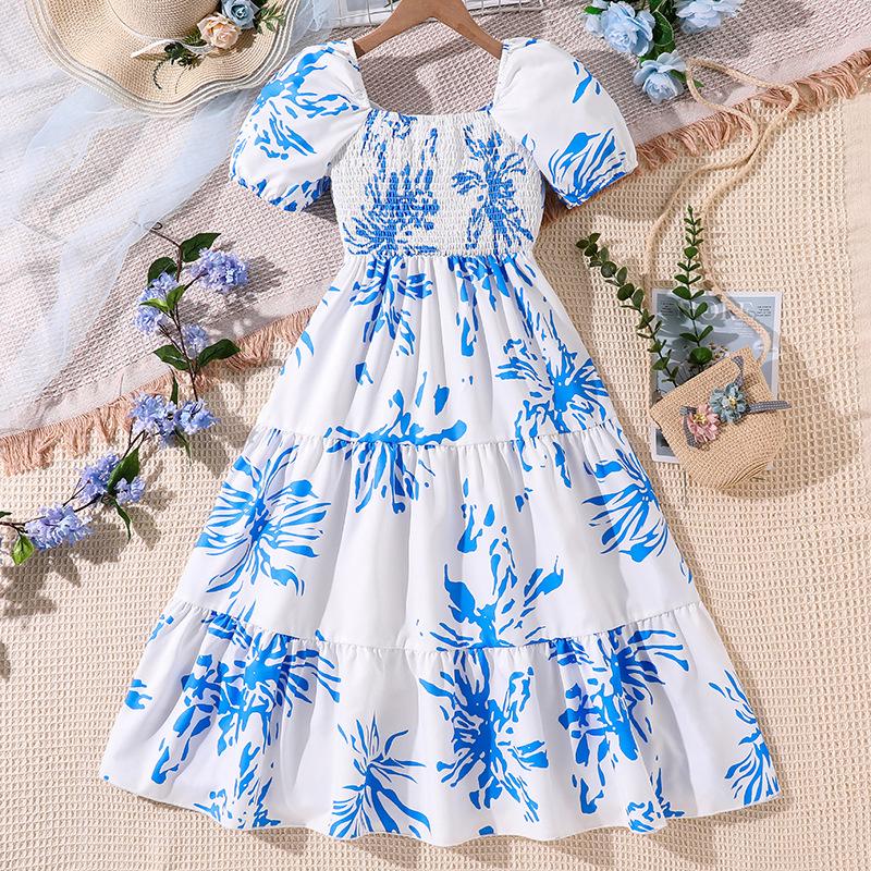 Girls Elegant Dress Spring Summer Children's Slim-fit Printed Puffed Sleeve Dress