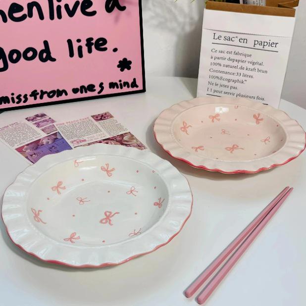 Affascinante Set di Ciotola e Piatto in Ceramica con Fiocco - Stoviglie Carine per Yogurt e Noodles Istantanei