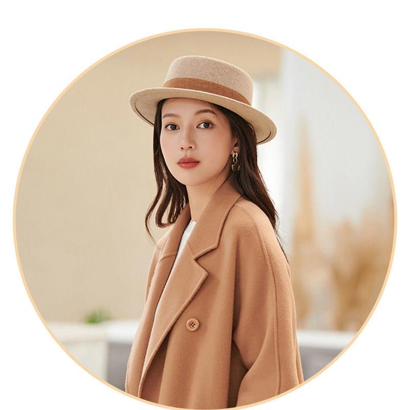 Hat Women's Autumn and Winter Pure Wool Flat-top Flat-brimmed Top Hat British Retro French Elegant Versatile Thermal Hat
