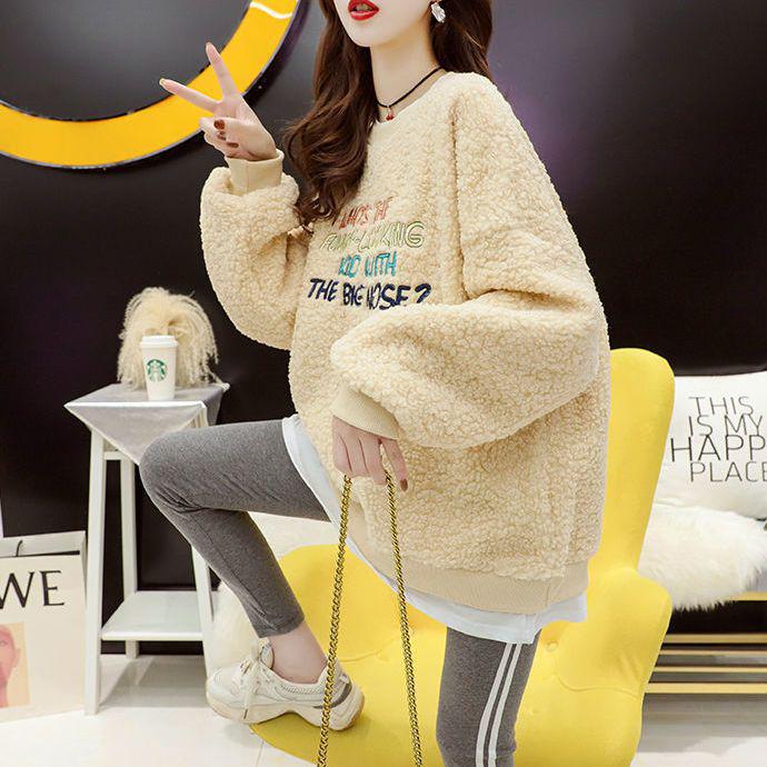 Women's Fleece-Lined Lamb Wool Sweatshirt, Trendy Winter Korean Style, Loose Fit, Plus Size, Faux Two-Piece