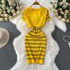 Sommer Damen Casual Kurzarm Gestreifter Strickpullover Mini Etuikleider mit Schal