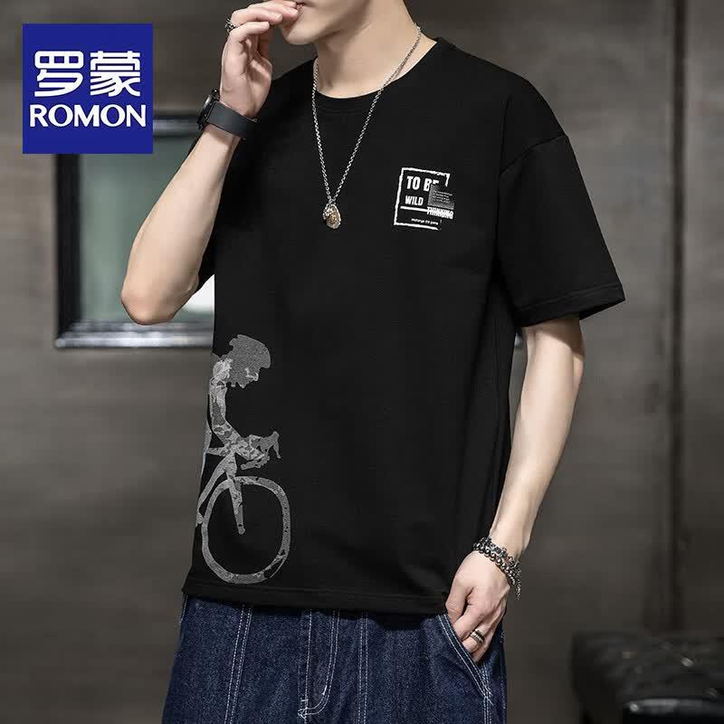 ROMON Men's Premium Short-Sleeve Round Neck Printed T-shirt