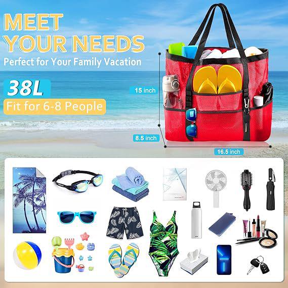 Mesh Beach Bag with 8 Pockets - Large Capacity Travel & Toy Storage Bag