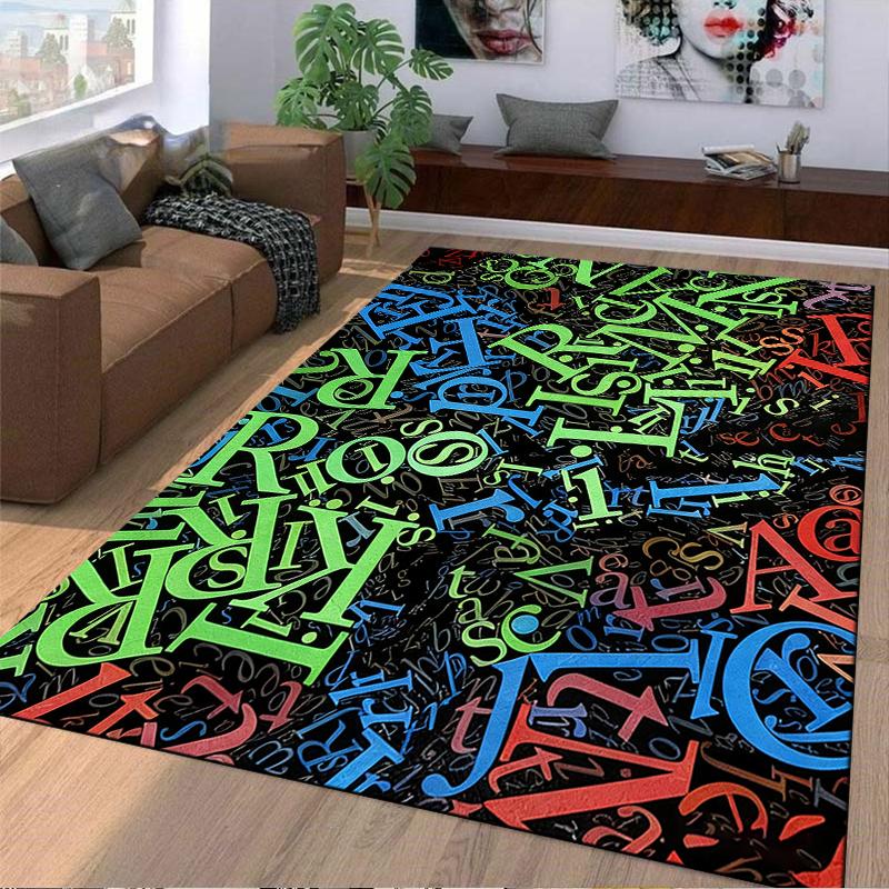 Colorful Alphabet Pattern Carpet with Vibrant Letters On Black Background Suitable for Use As an Anti-slip for Living Room Bedroom Sofas