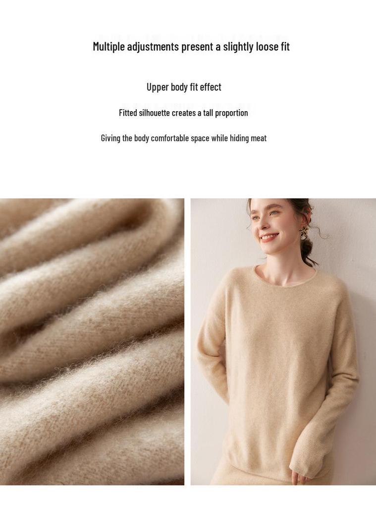 2025 Women's Cashmere Sweater - Round Neck, Osmanthus Stitch, Loose Fit, Curved Hem, Long Sleeve, Autumn/Winter Collection