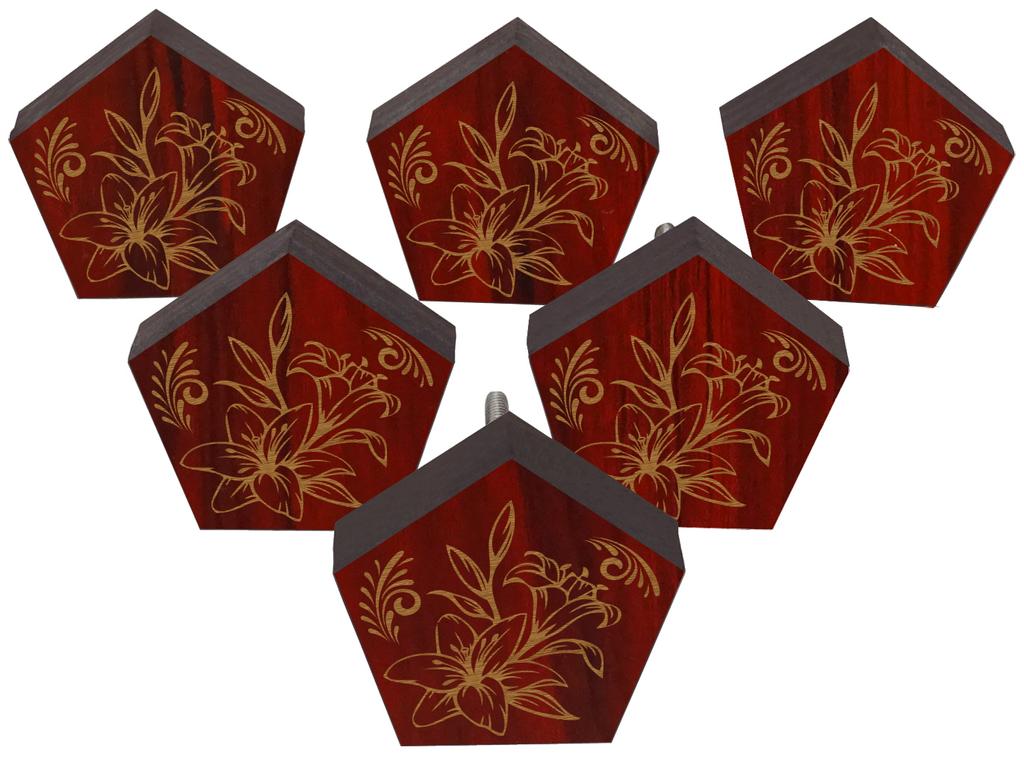 IBA Indianbeautifulart Brown Engraved Knobs Wooden Cupboard Door Knobs Pull Handle Pack of