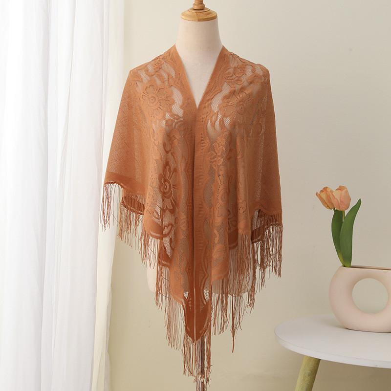 Summer Transparent Lace Flower Tassel Scarf Mesh Yarn Cheongsam Shawl Triangle Neck Scarves Neckerchief Head Scarf