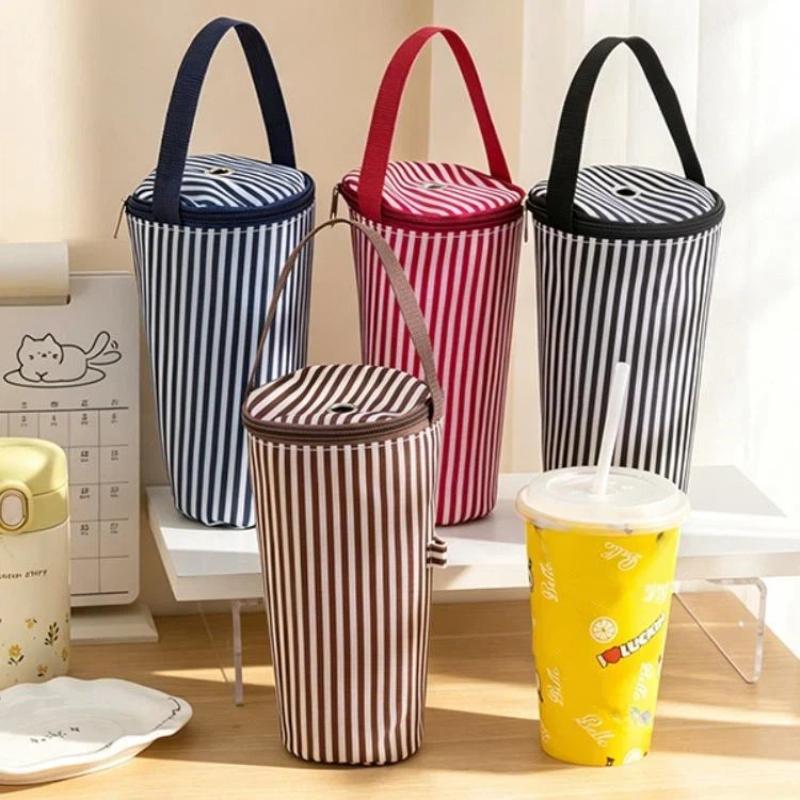 Thermal Lined Striped Tumbler Bag with Handle Insulated Water Bottle Carrier for Commuting Outdoor Activities