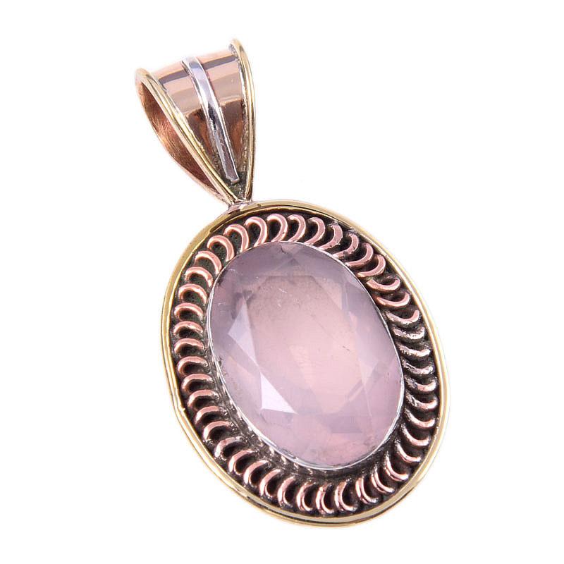 Natural Rose Quartz 925 Solid Sterling Silver Jewelry TwoTone Pendant 1.25" A2e27