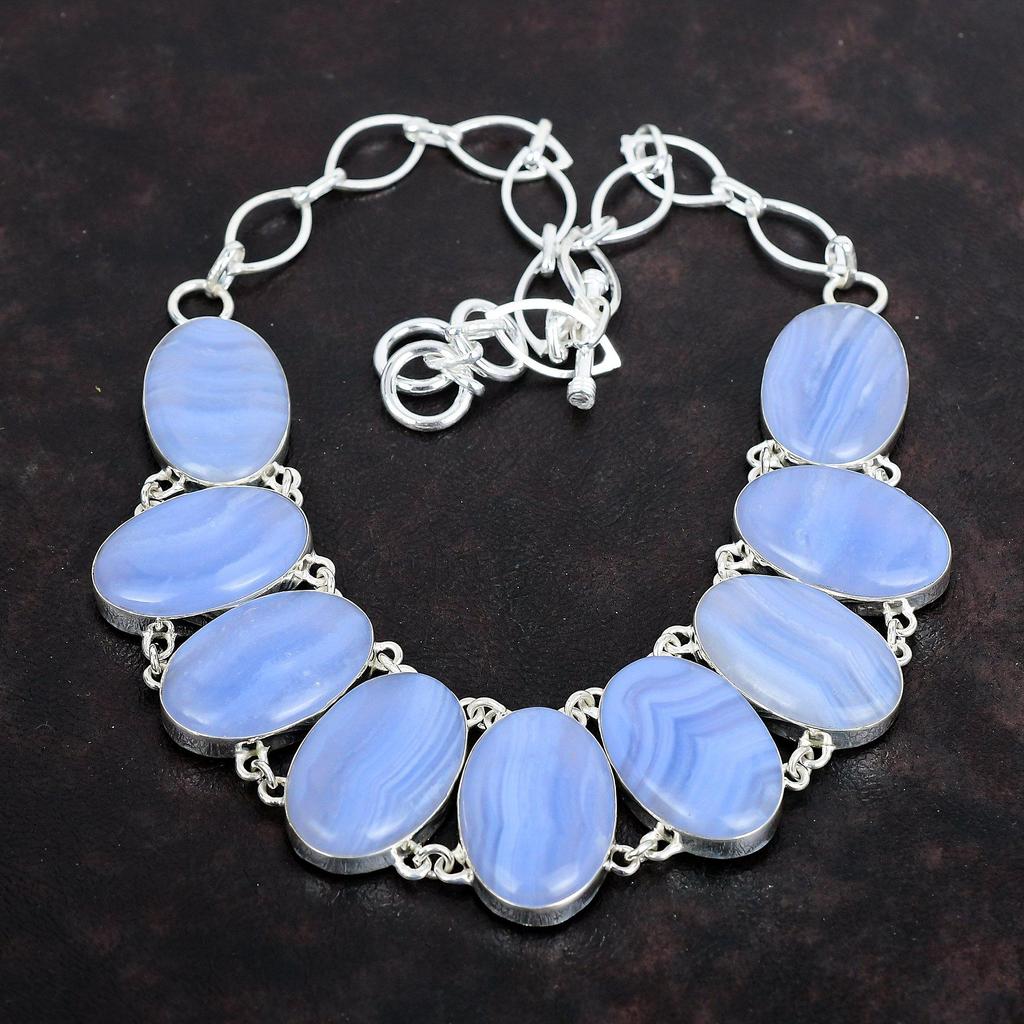 Blue Lace Agate Gemstone Necklace Handmade Jewelry 925 Sterling Silver Necklace Adjustable Chain Necklace Designer Jewelry Gifts for Mother