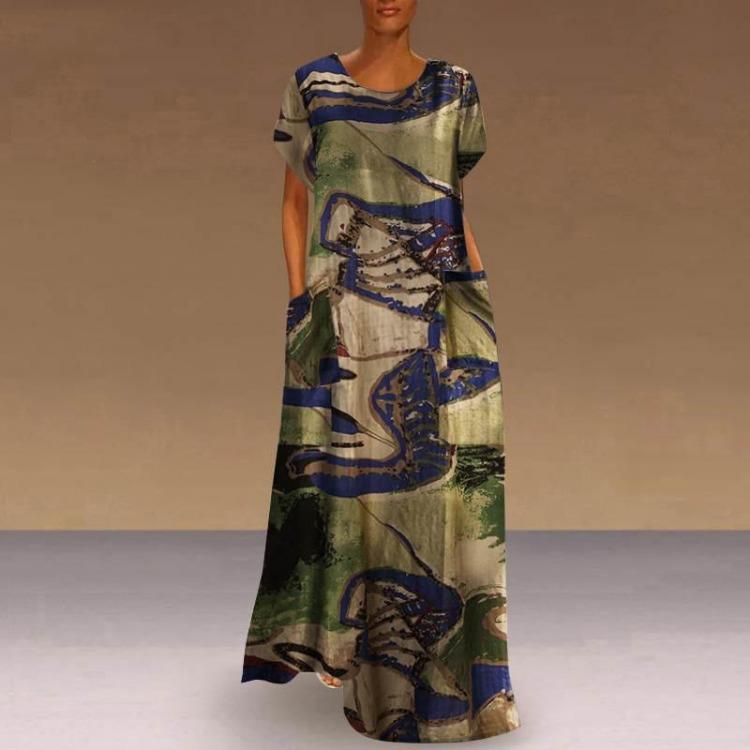 Bohemian Women Dress Long Loose Waist Print Pocket O Neck Spring Summer National Style Sizes S To 5XL