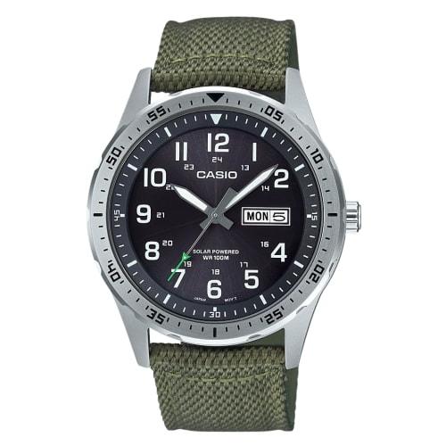 

Casio Men s Stainless Steel Quartz Cloth Strap, Green, 22 Casual Watch (Model: MTP-S120L-3AVCF)