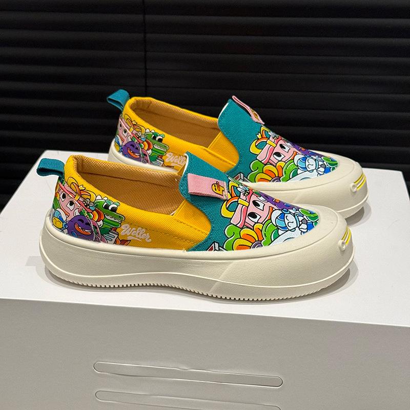 Canvas shoes women spring and summer pregnant women soft platform white shoes lazy one pedal niche graffiti cloth shoes single shoes