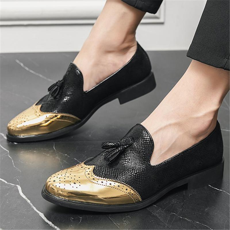 Fashion Luxury Designer Gentleman Tassels Pointed Oxford Leather Shoes Men Black Gold Mix Formal Wedding Prom Dress Homecoming Footwear