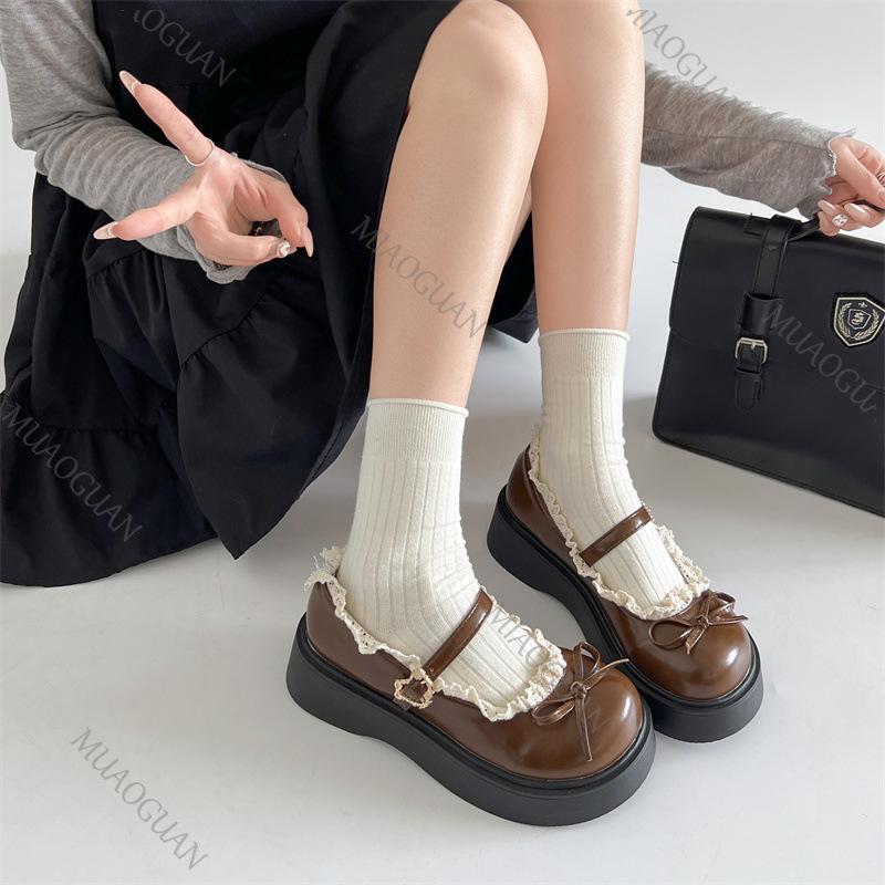 Fashion French Brown Round Head Thick Bottom Lolita Shoes New Spring Shallow Mouth Mary Jane Single Shoes Casual Lace Flat Bottom Loaers