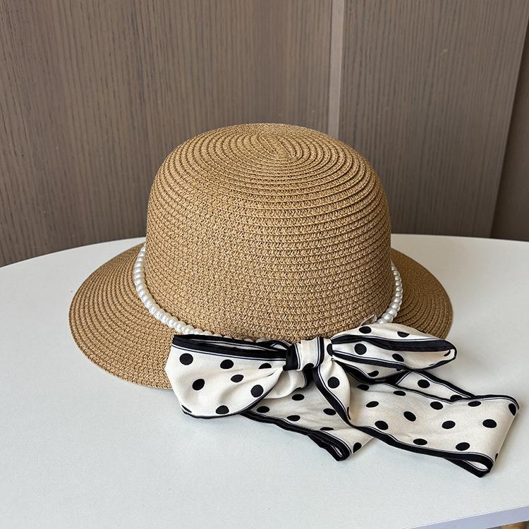 New Dome Duck Tongue Straw Hat Elegant Pearl Polka Dot Streamer Big Edge Beach Hat Seaside Travel Sun Protection Hat