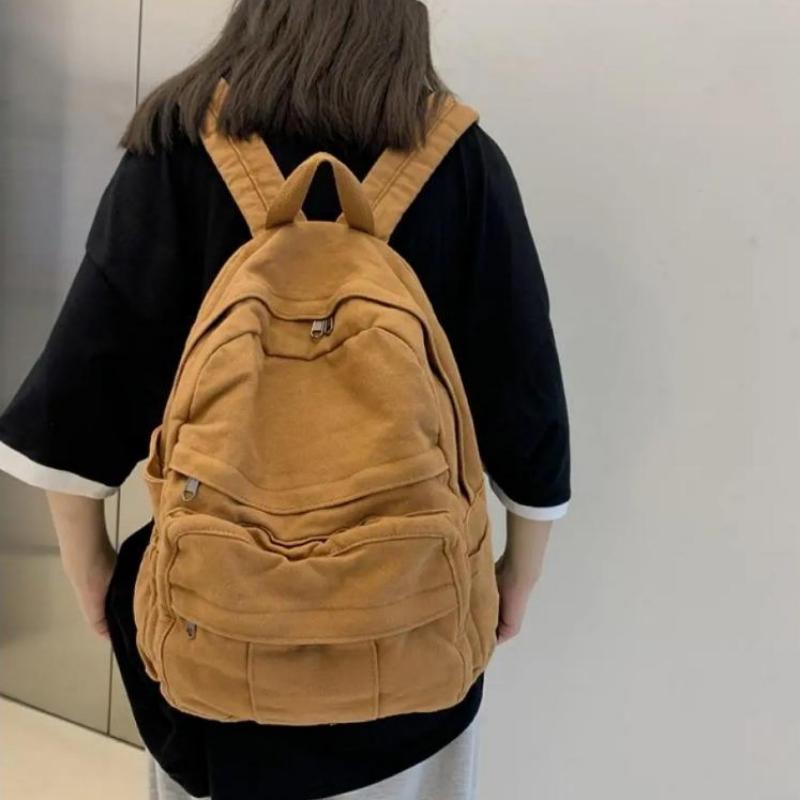 Einfarbiger Canvas-Rucksack Mädchen Schultasche Große Kapazität Vintage-Rucksäcke für College-Studenten Lässiger Damen-Reiserucksack Lässiger Rucksack
