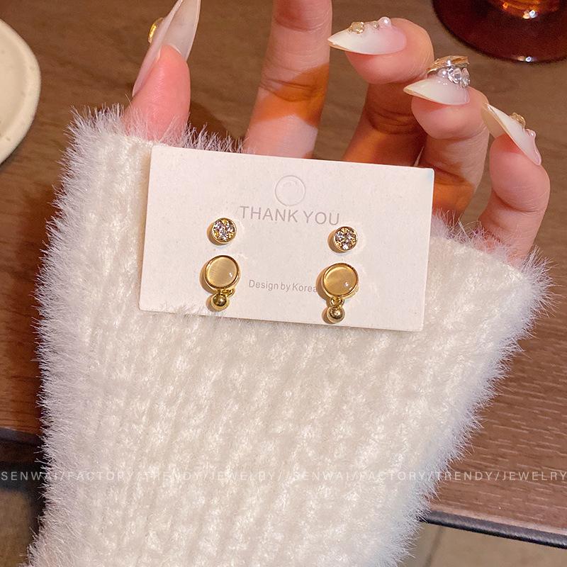 Korean temperament opal stud earrings women s fashion versatile ear hole set earrings sleep free ear jewelry