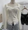 Women's Slim Lace Square Neck Top with Chest Pads - Long Sleeve, Spring/Autumn