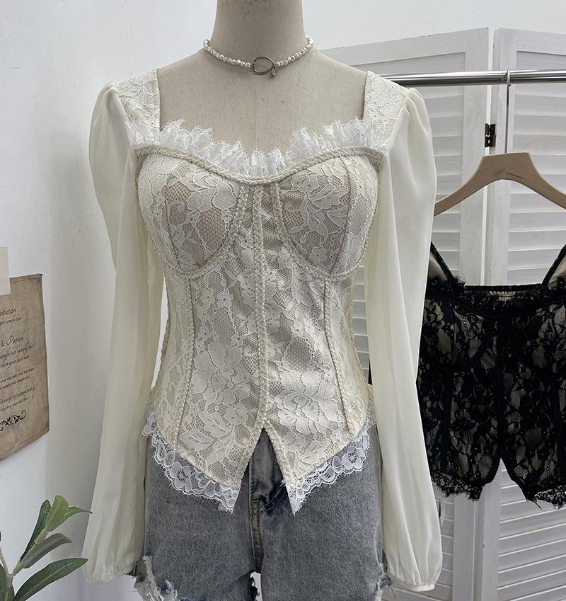 

Women s Slim Lace Square Neck Top with Chest Pads - Long Sleeve, Spring/Autumn One Size абрикосовий