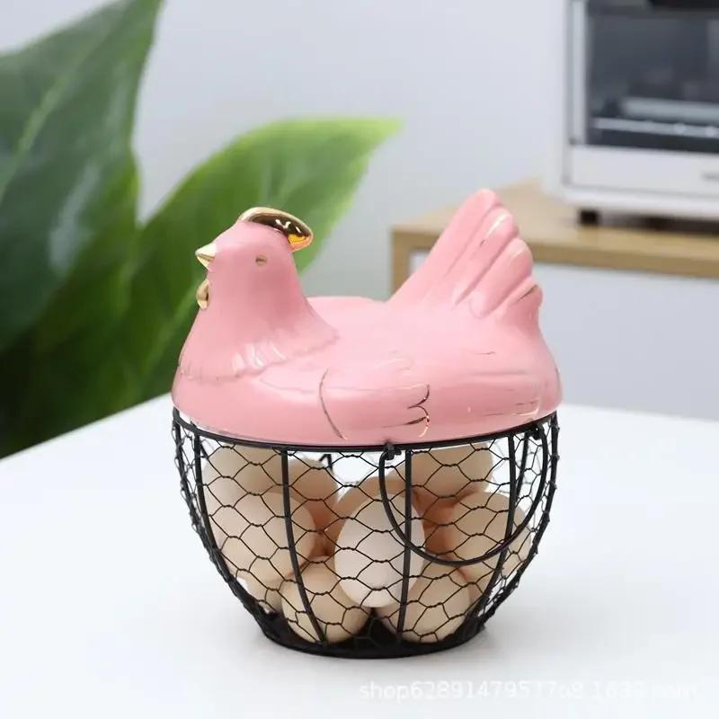 Cute Hen-shaped Egg Storage Basket Metal Wrought Iron Egg Basket with Lid Kitchen Food Debris Storage Container Home Decoration